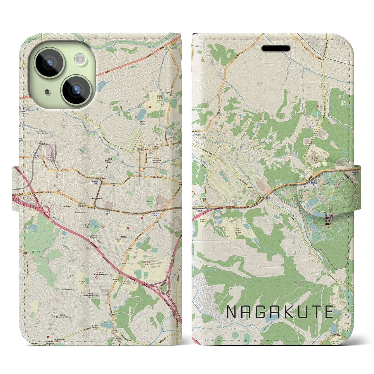 【長久手(愛知県)】地図柄iPhoneケース(手帳タイプ)ナチュラル・iPhone 15 用