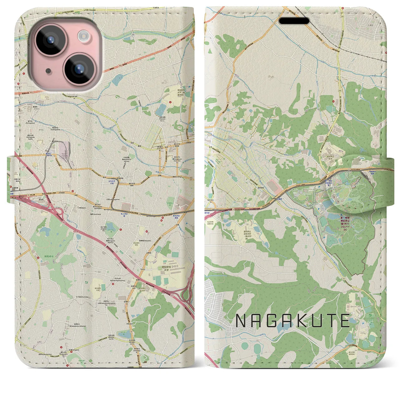 【長久手(愛知県)】地図柄iPhoneケース(手帳タイプ)ナチュラル・iPhone 15 Plus 用