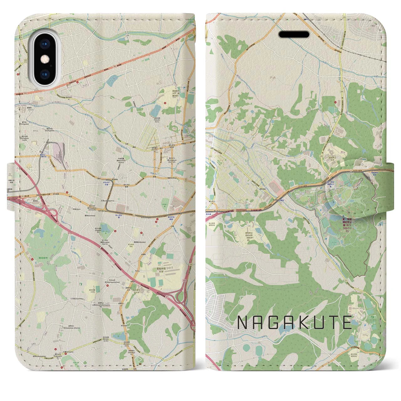 【長久手(愛知県)】地図柄iPhoneケース(手帳タイプ)ナチュラル・iPhone XS Max 用