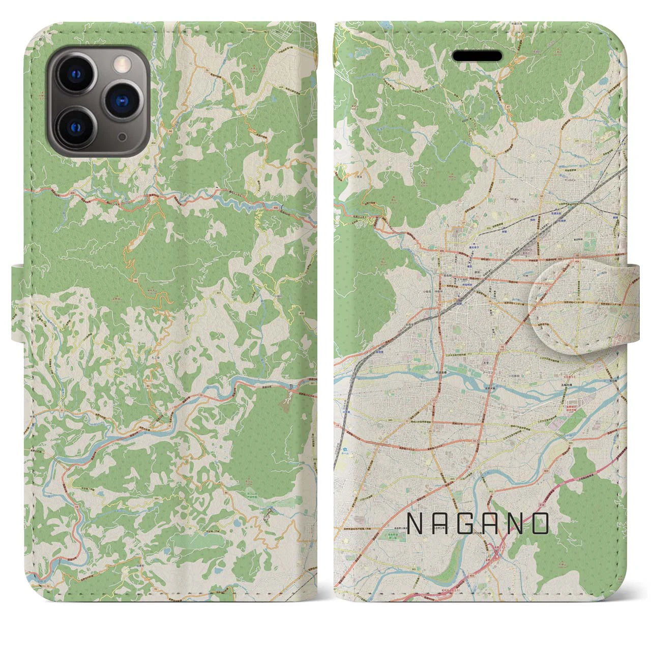 【長野(長野県)】地図柄iPhoneケース(手帳タイプ)ナチュラル・iPhone 11 Pro Max 用
