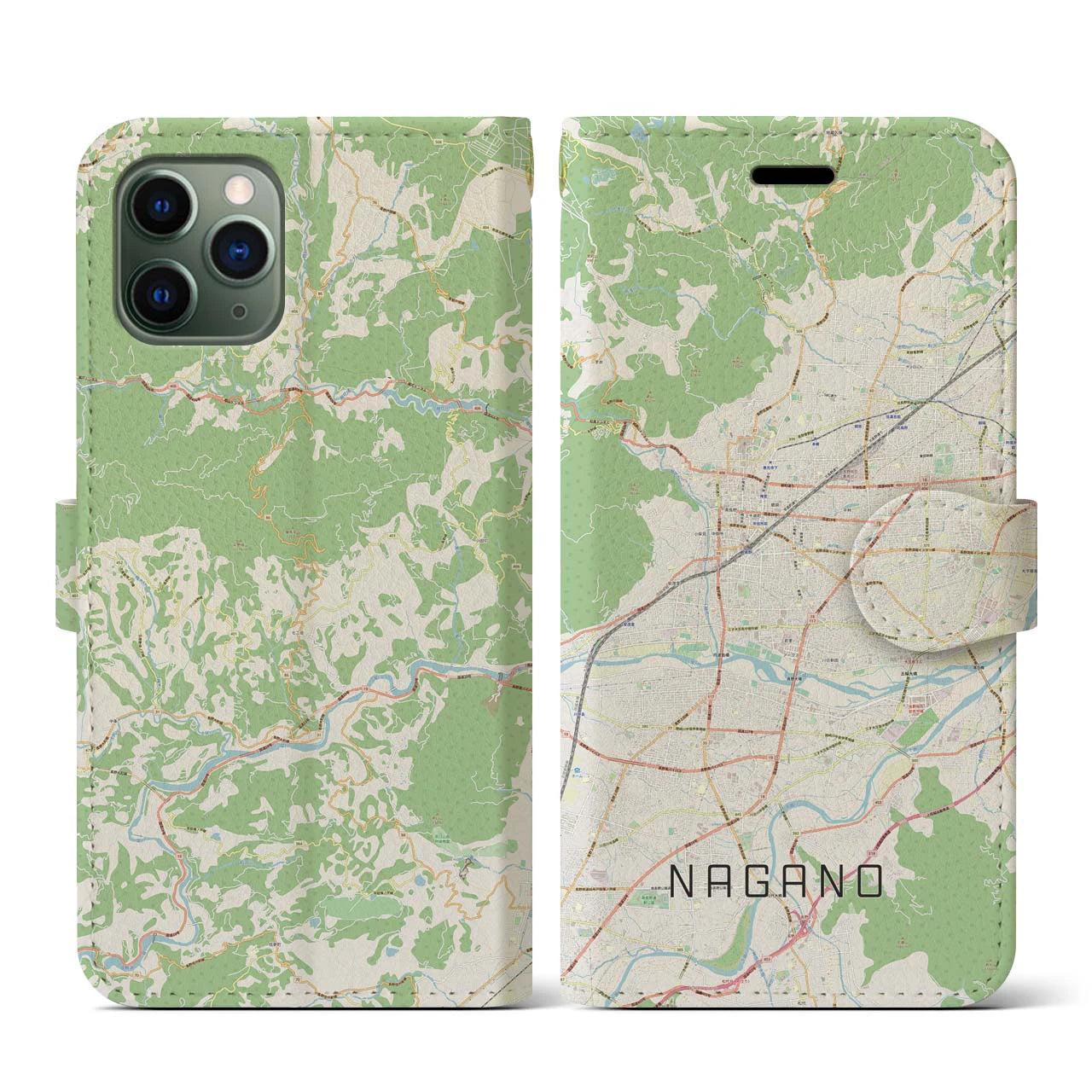 【長野(長野県)】地図柄iPhoneケース(手帳タイプ)ナチュラル・iPhone 11 Pro 用