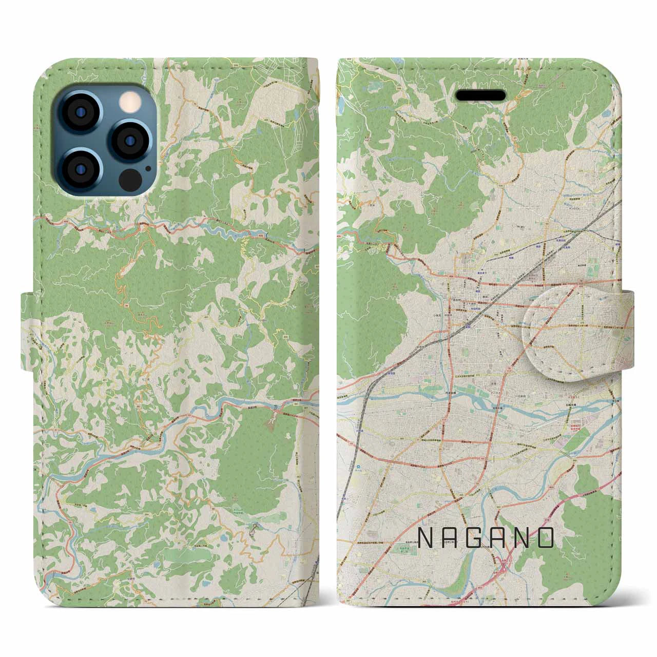 【長野(長野県)】地図柄iPhoneケース(手帳タイプ)ナチュラル・iPhone 12 / 12 Pro 用