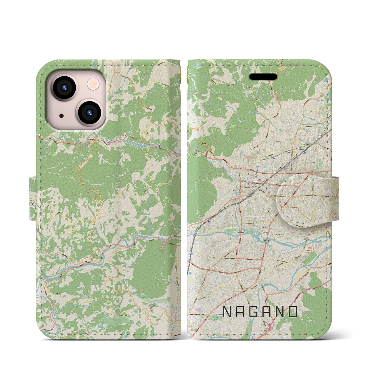 【長野(長野県)】地図柄iPhoneケース(手帳タイプ)ナチュラル・iPhone 13 mini 用