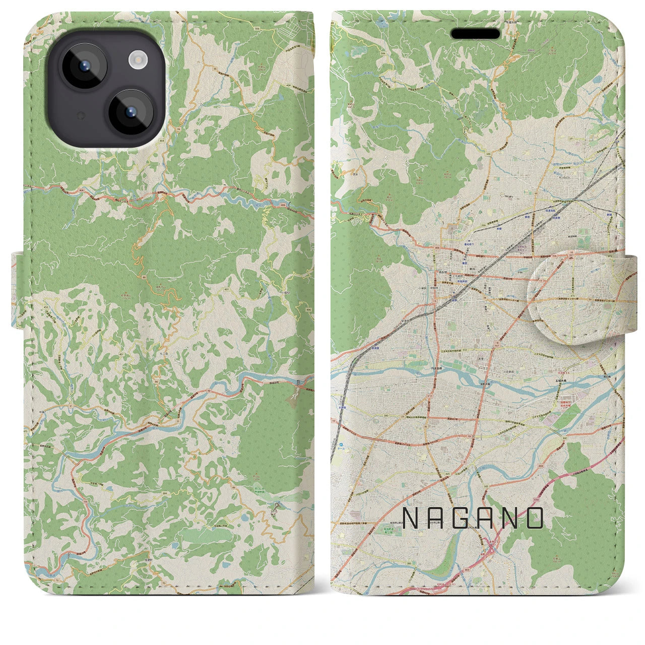 【長野(長野県)】地図柄iPhoneケース(手帳タイプ)ナチュラル・iPhone 14 Plus 用