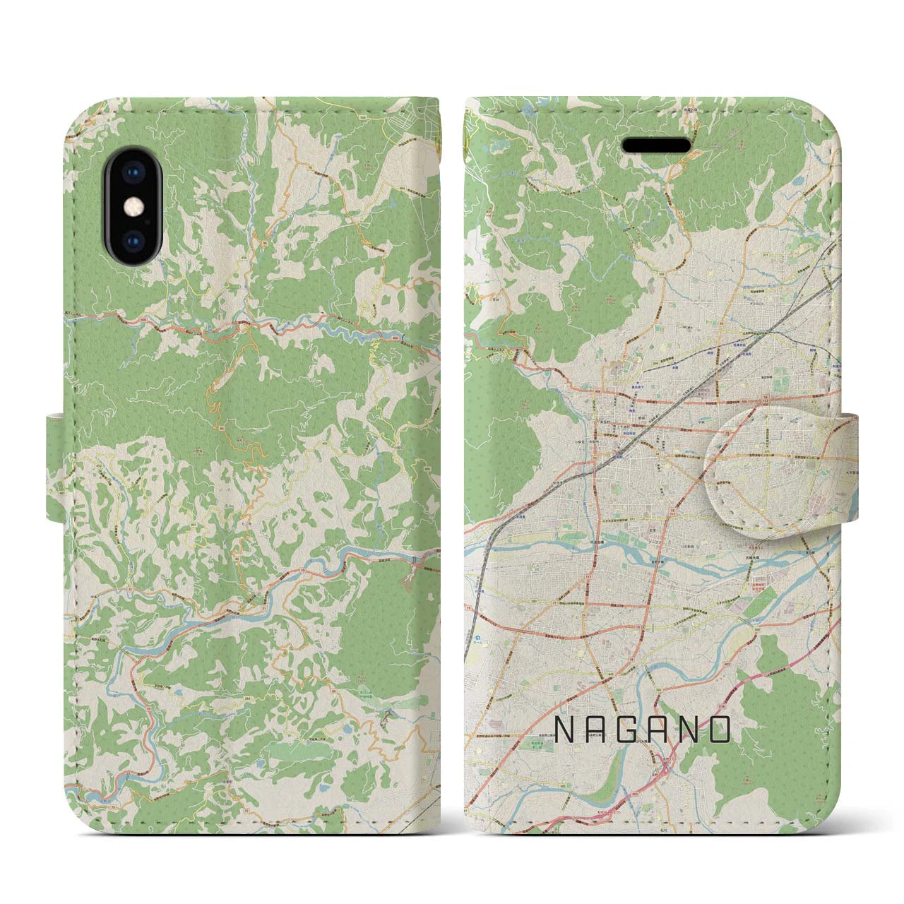 【長野(長野県)】地図柄iPhoneケース(手帳タイプ)ナチュラル・iPhone XS / X 用