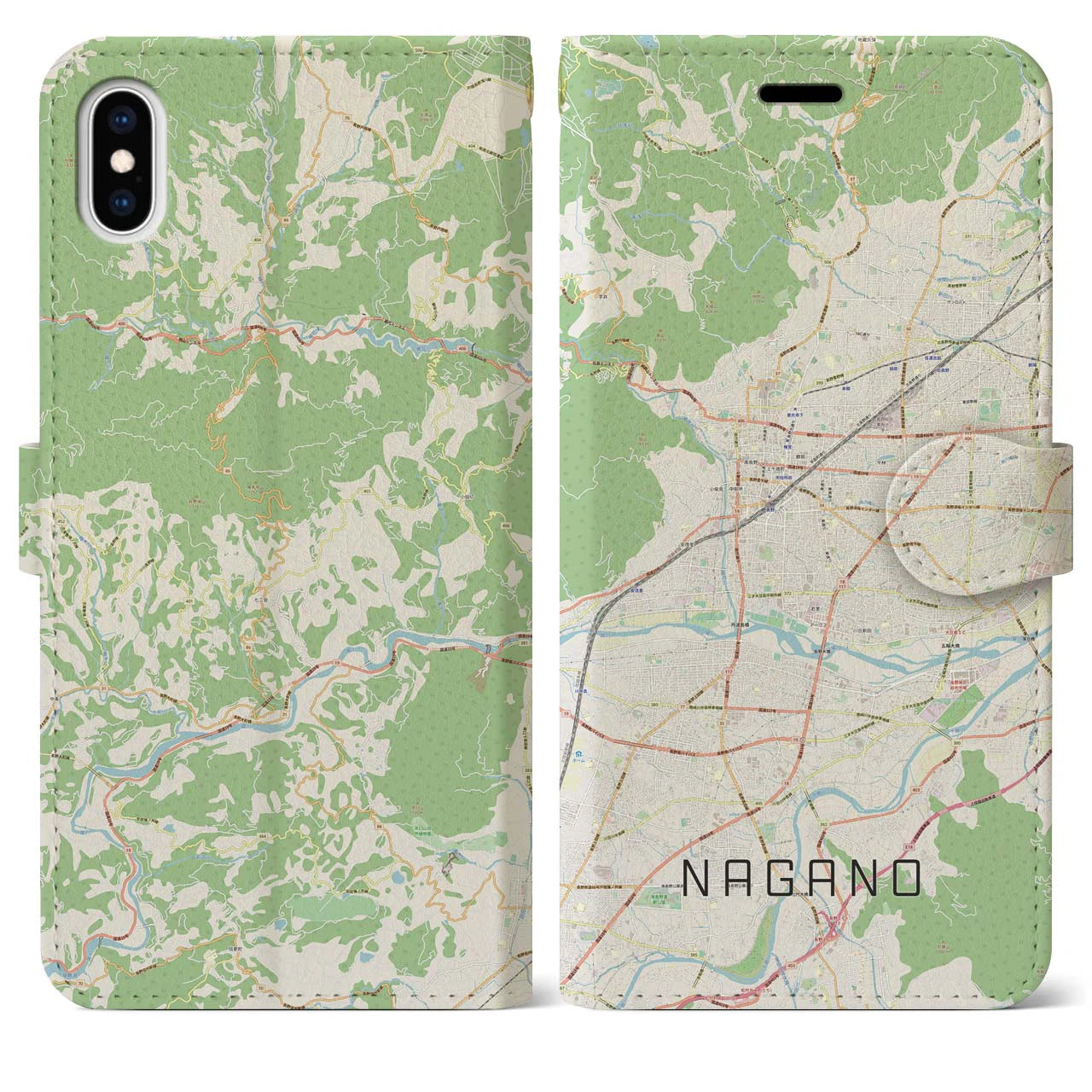 【長野(長野県)】地図柄iPhoneケース(手帳タイプ)ナチュラル・iPhone XS Max 用