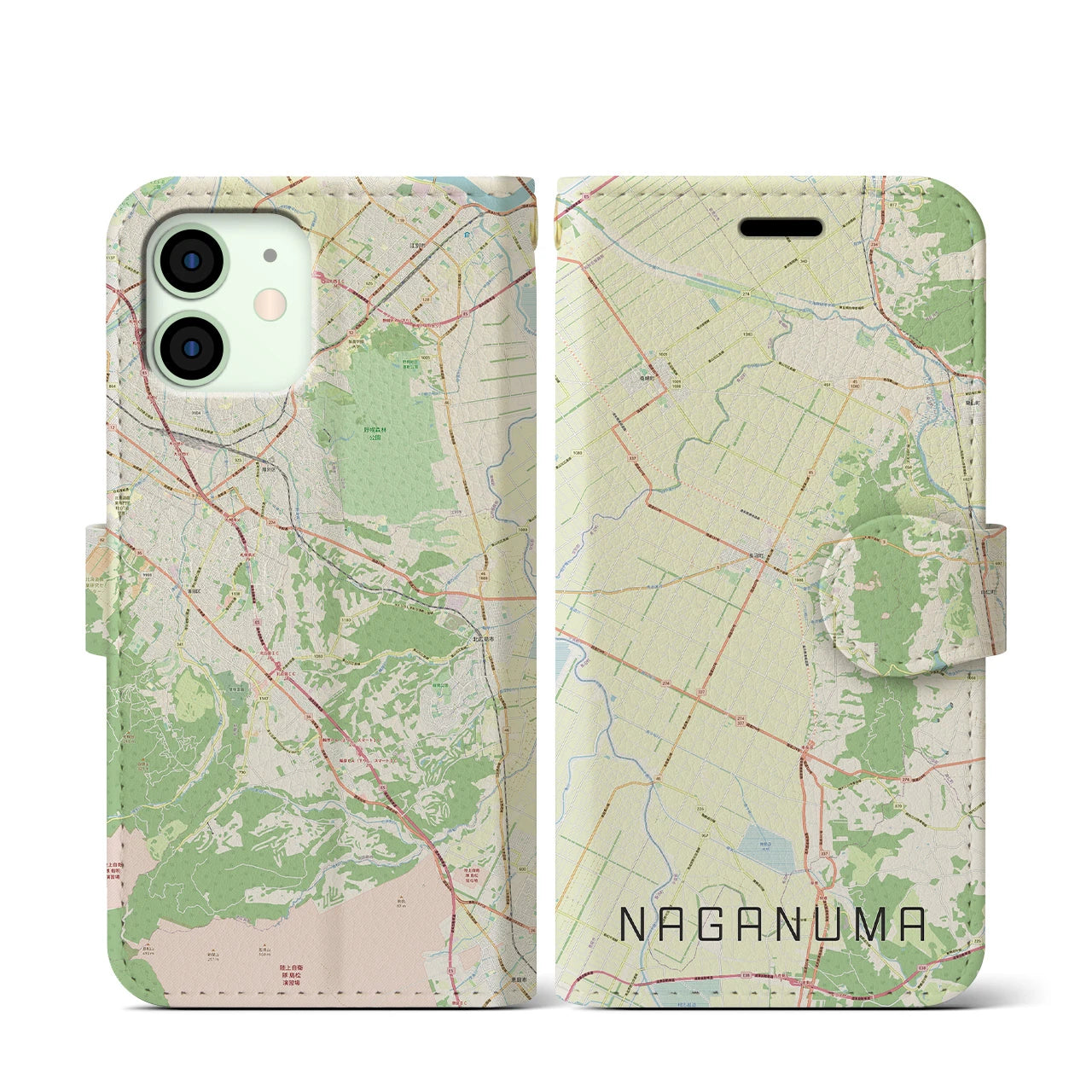 【長沼(北海道)】地図柄iPhoneケース(手帳タイプ)ナチュラル・iPhone 12 mini 用