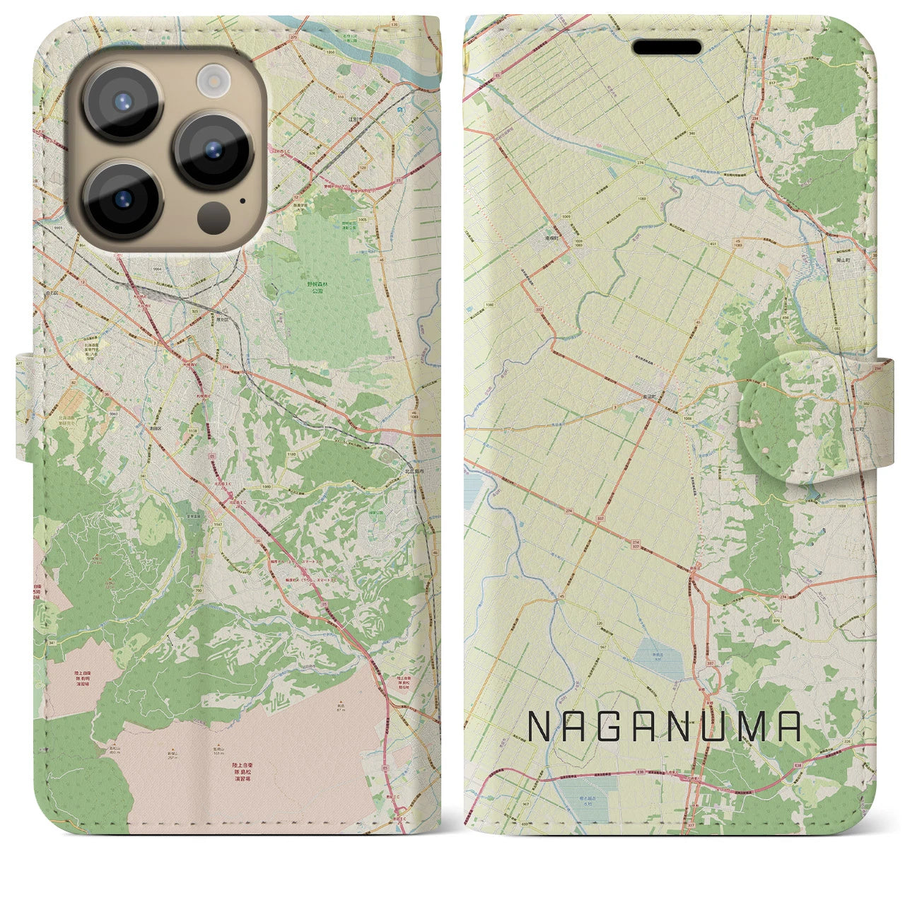【長沼(北海道)】地図柄iPhoneケース(手帳タイプ)ナチュラル・iPhone 14 Pro Max 用