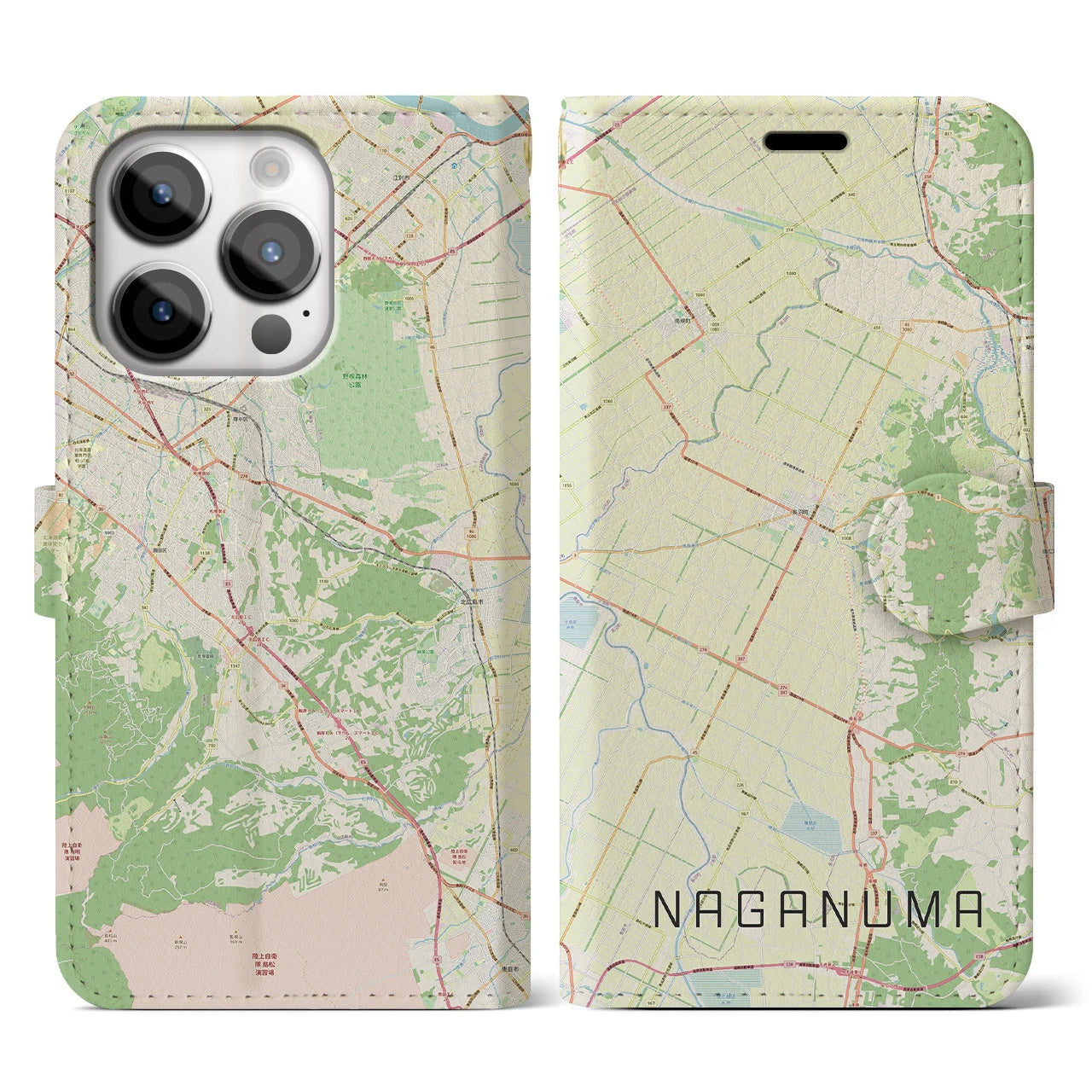 【長沼(北海道)】地図柄iPhoneケース(手帳タイプ)ナチュラル・iPhone 14 Pro 用