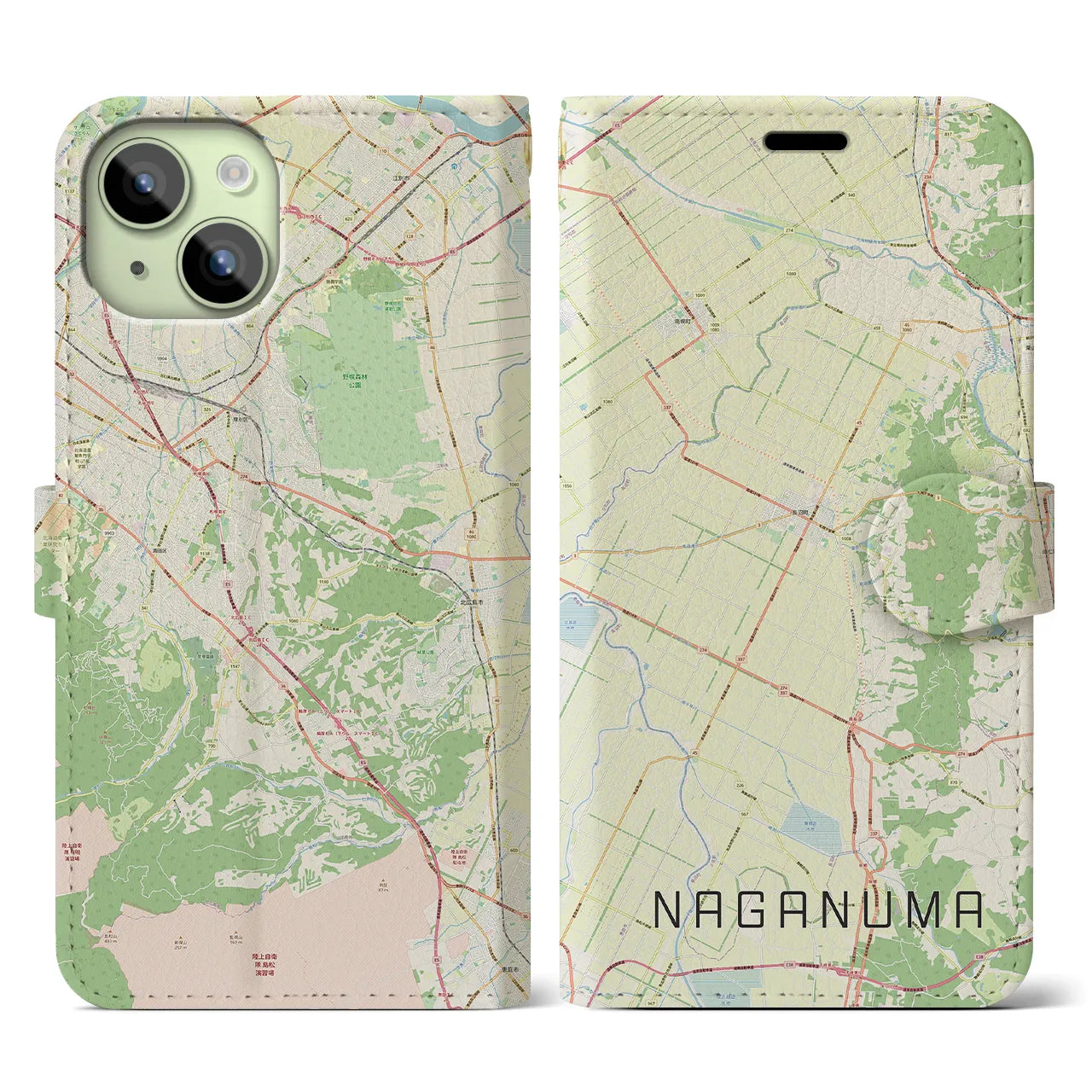 【長沼(北海道)】地図柄iPhoneケース(手帳タイプ)ナチュラル・iPhone 15 用