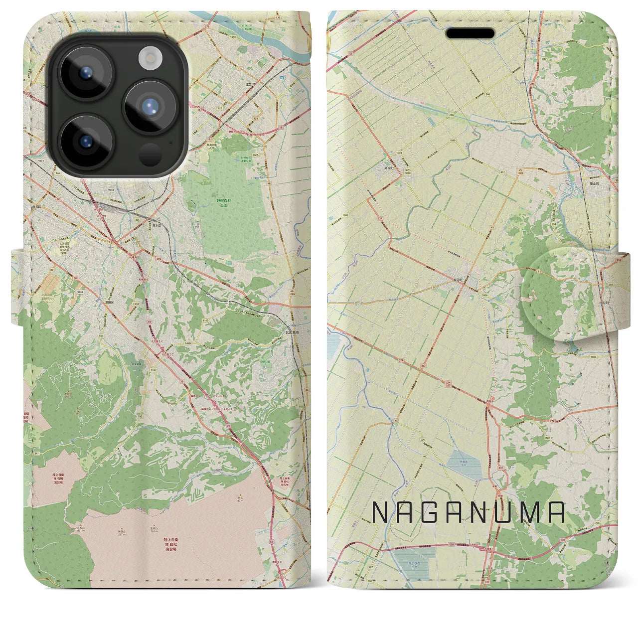 【長沼(北海道)】地図柄iPhoneケース(手帳タイプ)ナチュラル・iPhone 15 Pro Max 用