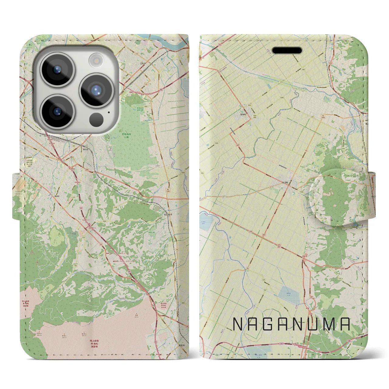 【長沼(北海道)】地図柄iPhoneケース(手帳タイプ)ナチュラル・iPhone 15 Pro 用