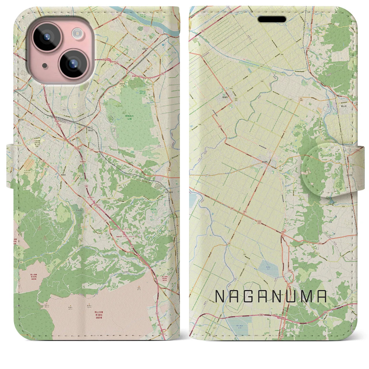 【長沼(北海道)】地図柄iPhoneケース(手帳タイプ)ナチュラル・iPhone 15 Plus 用