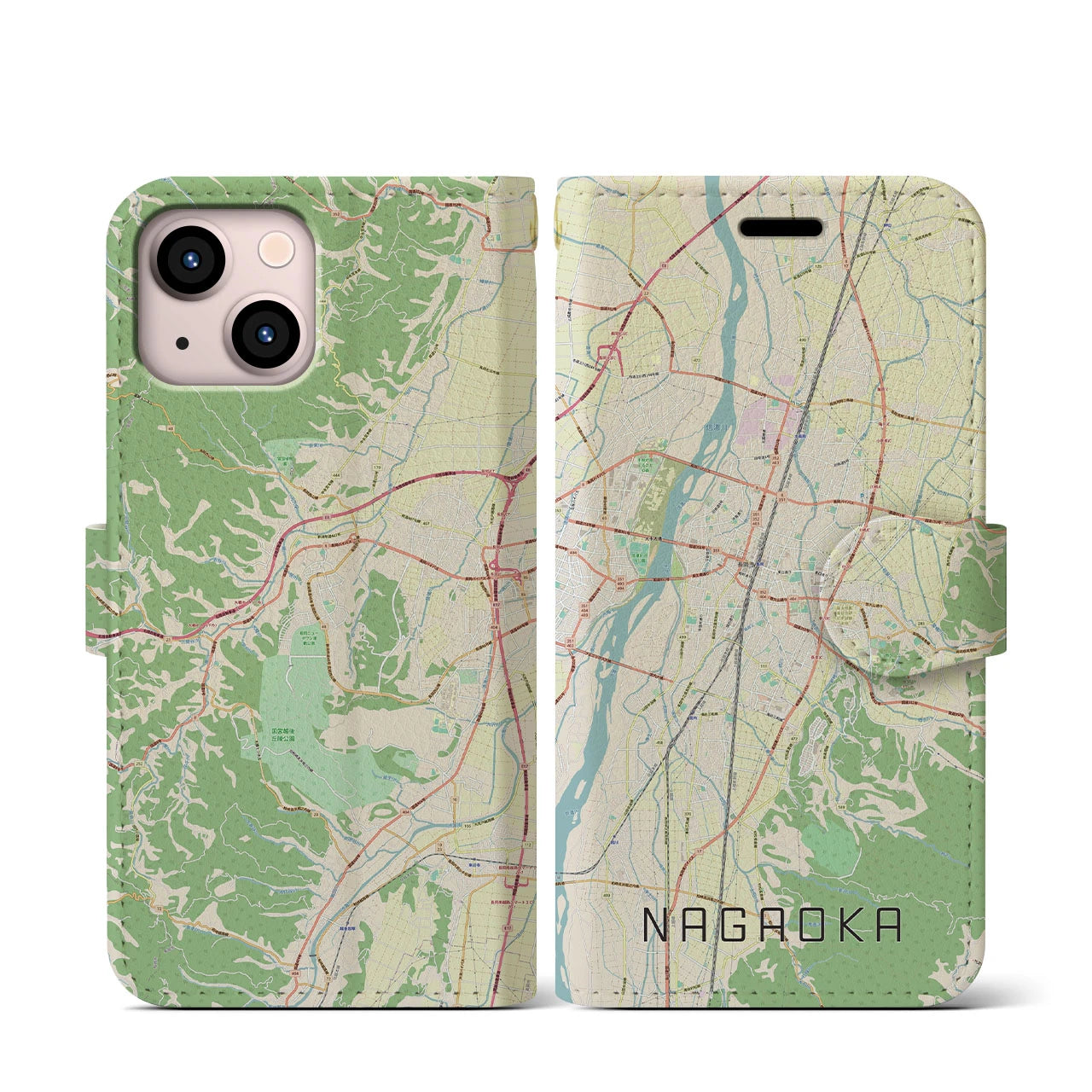 【長岡(新潟県)】地図柄iPhoneケース(手帳タイプ)ナチュラル・iPhone 13 mini 用