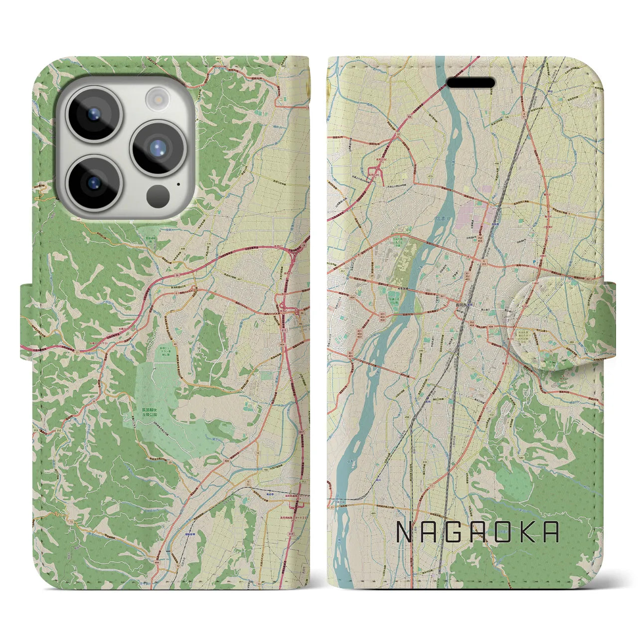 【長岡(新潟県)】地図柄iPhoneケース(手帳タイプ)ナチュラル・iPhone 15 Pro 用