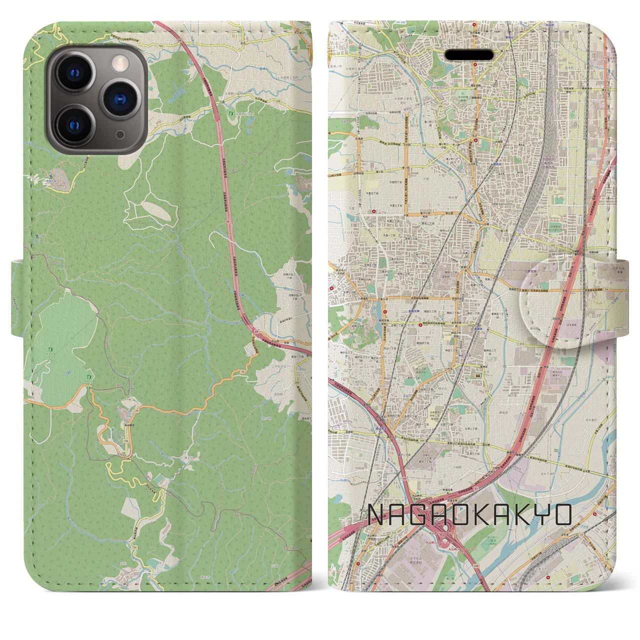 【長岡京(京都府)】地図柄iPhoneケース(手帳タイプ)ナチュラル・iPhone 11 Pro Max 用