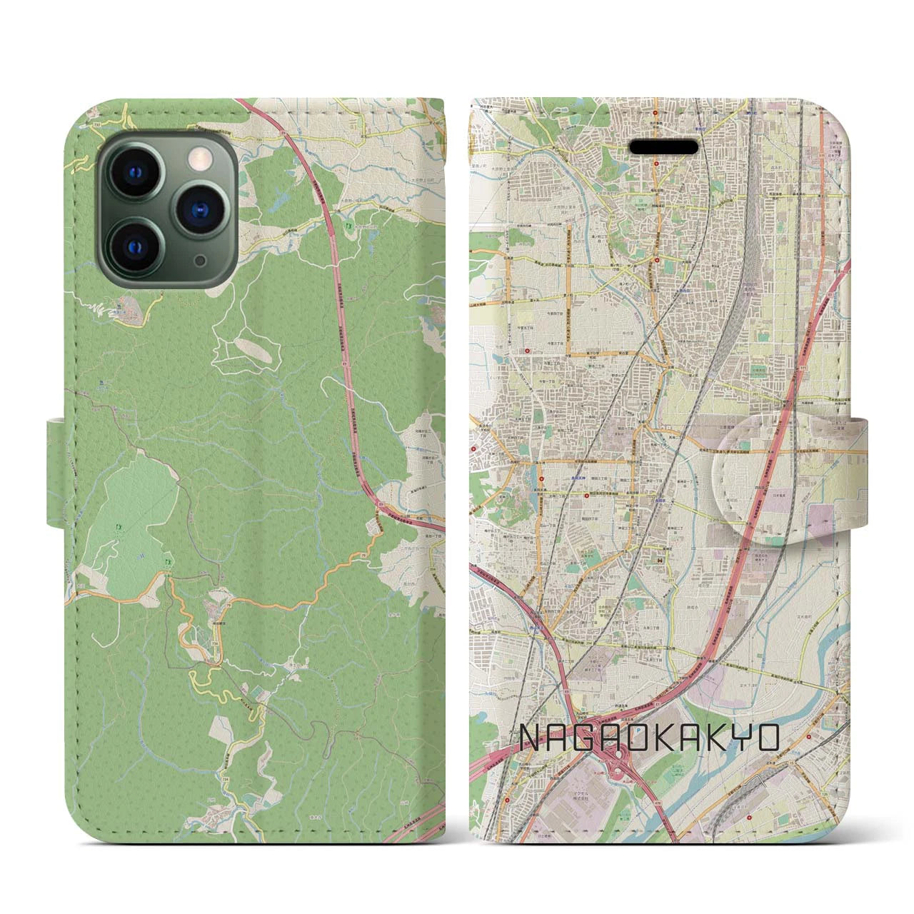 【長岡京(京都府)】地図柄iPhoneケース(手帳タイプ)ナチュラル・iPhone 11 Pro 用