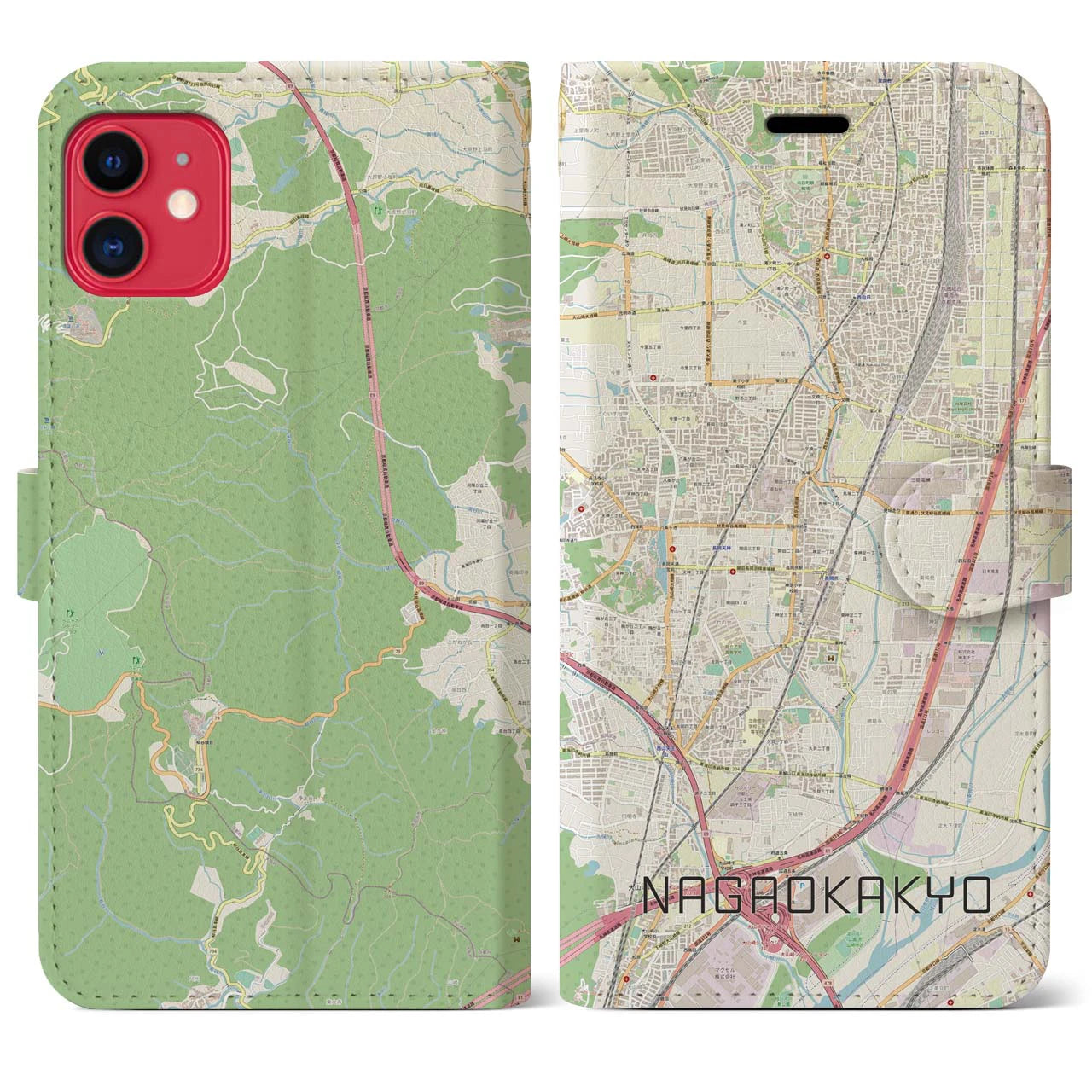 【長岡京(京都府)】地図柄iPhoneケース(手帳タイプ)ナチュラル・iPhone 11 用