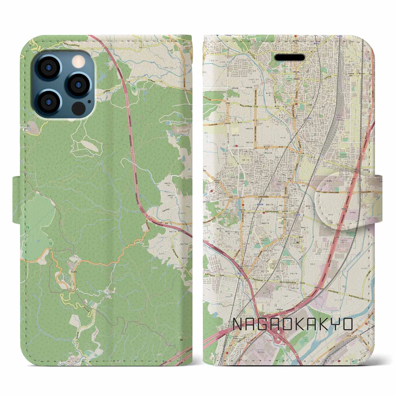 【長岡京(京都府)】地図柄iPhoneケース(手帳タイプ)ナチュラル・iPhone 12 / 12 Pro 用