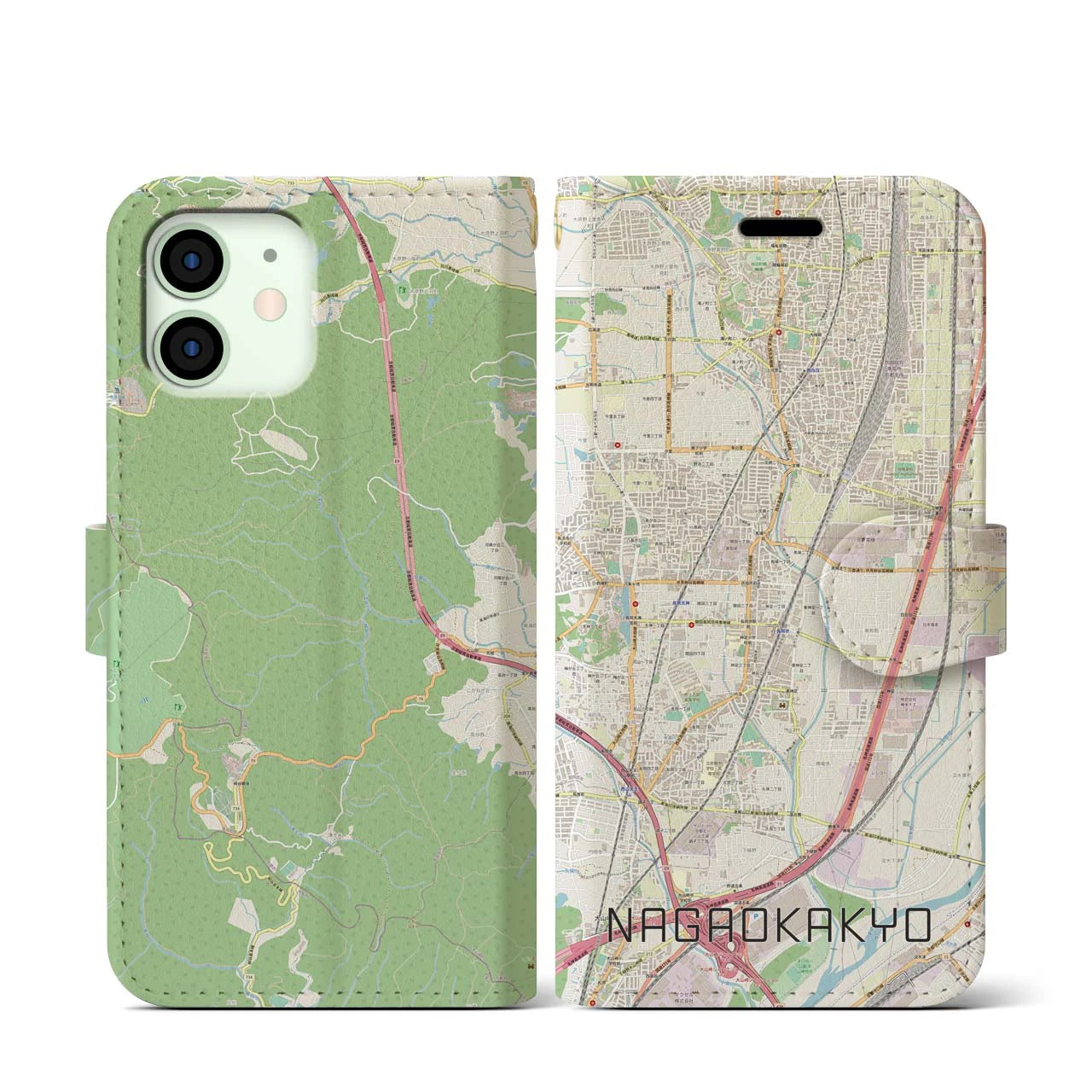 【長岡京(京都府)】地図柄iPhoneケース(手帳タイプ)ナチュラル・iPhone 12 mini 用