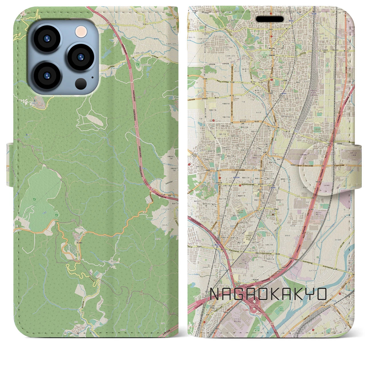 【長岡京(京都府)】地図柄iPhoneケース(手帳タイプ)ナチュラル・iPhone 13 Pro Max 用