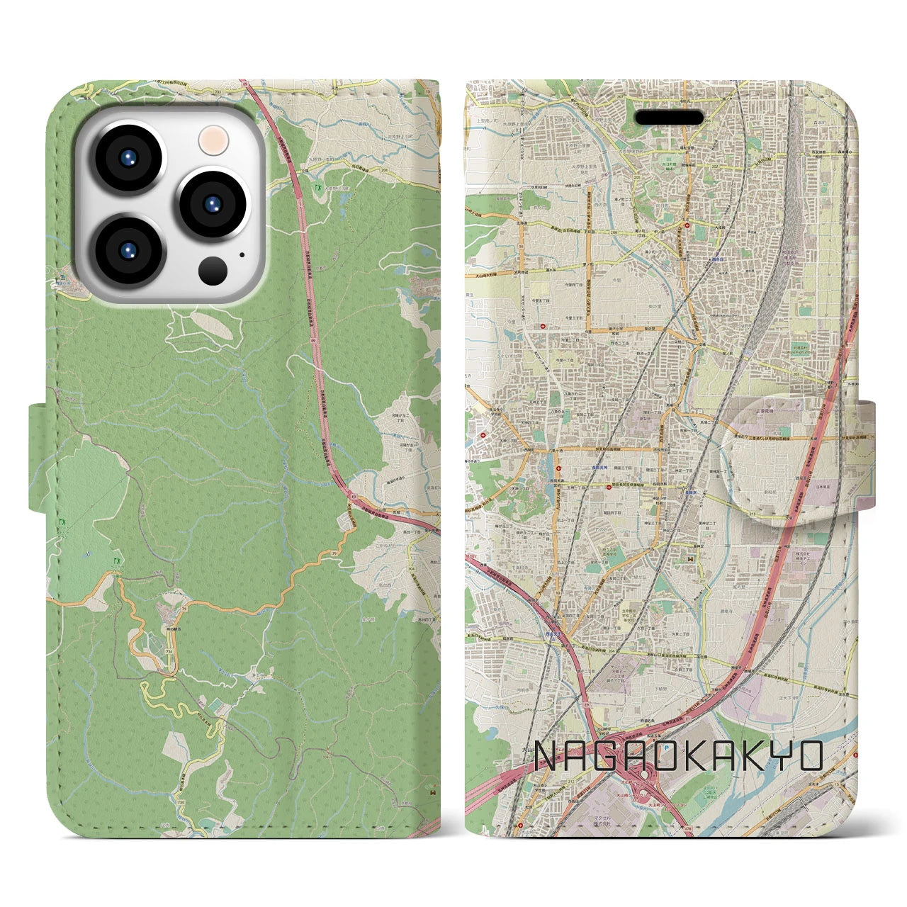 【長岡京(京都府)】地図柄iPhoneケース(手帳タイプ)ナチュラル・iPhone 13 Pro 用
