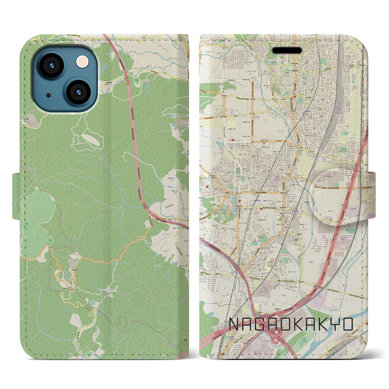 【長岡京(京都府)】地図柄iPhoneケース(手帳タイプ)ナチュラル・iPhone 13 用
