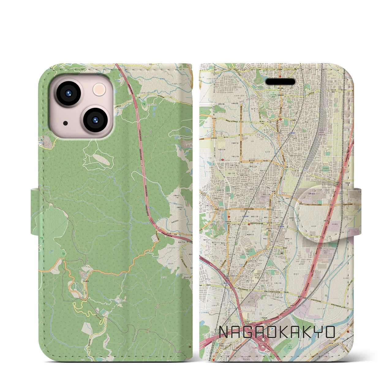 【長岡京(京都府)】地図柄iPhoneケース(手帳タイプ)ナチュラル・iPhone 13 mini 用