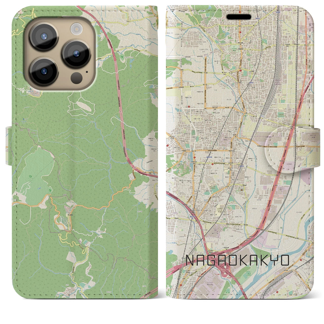 【長岡京(京都府)】地図柄iPhoneケース(手帳タイプ)ナチュラル・iPhone 14 Pro Max 用