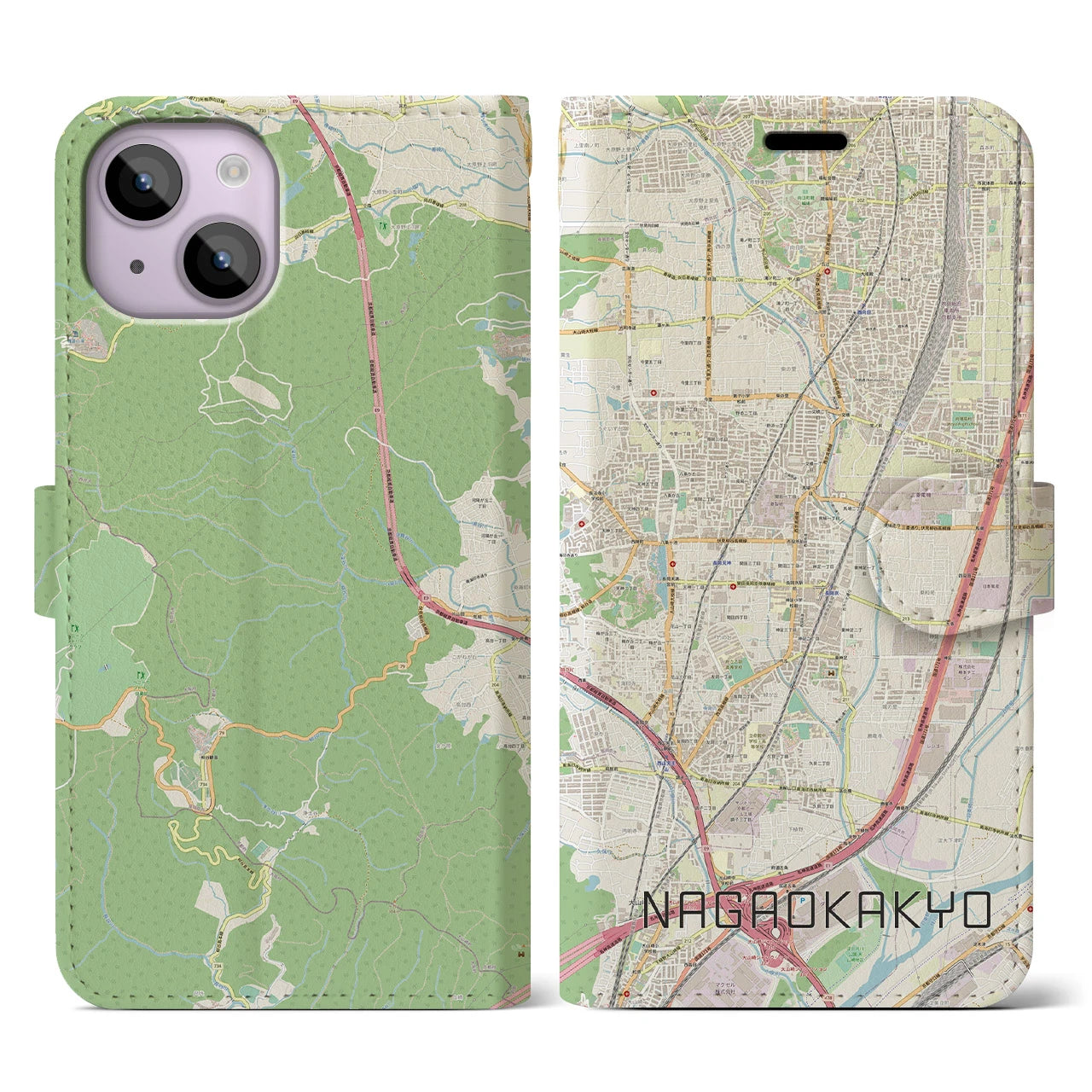 【長岡京(京都府)】地図柄iPhoneケース(手帳タイプ)ナチュラル・iPhone 14 用