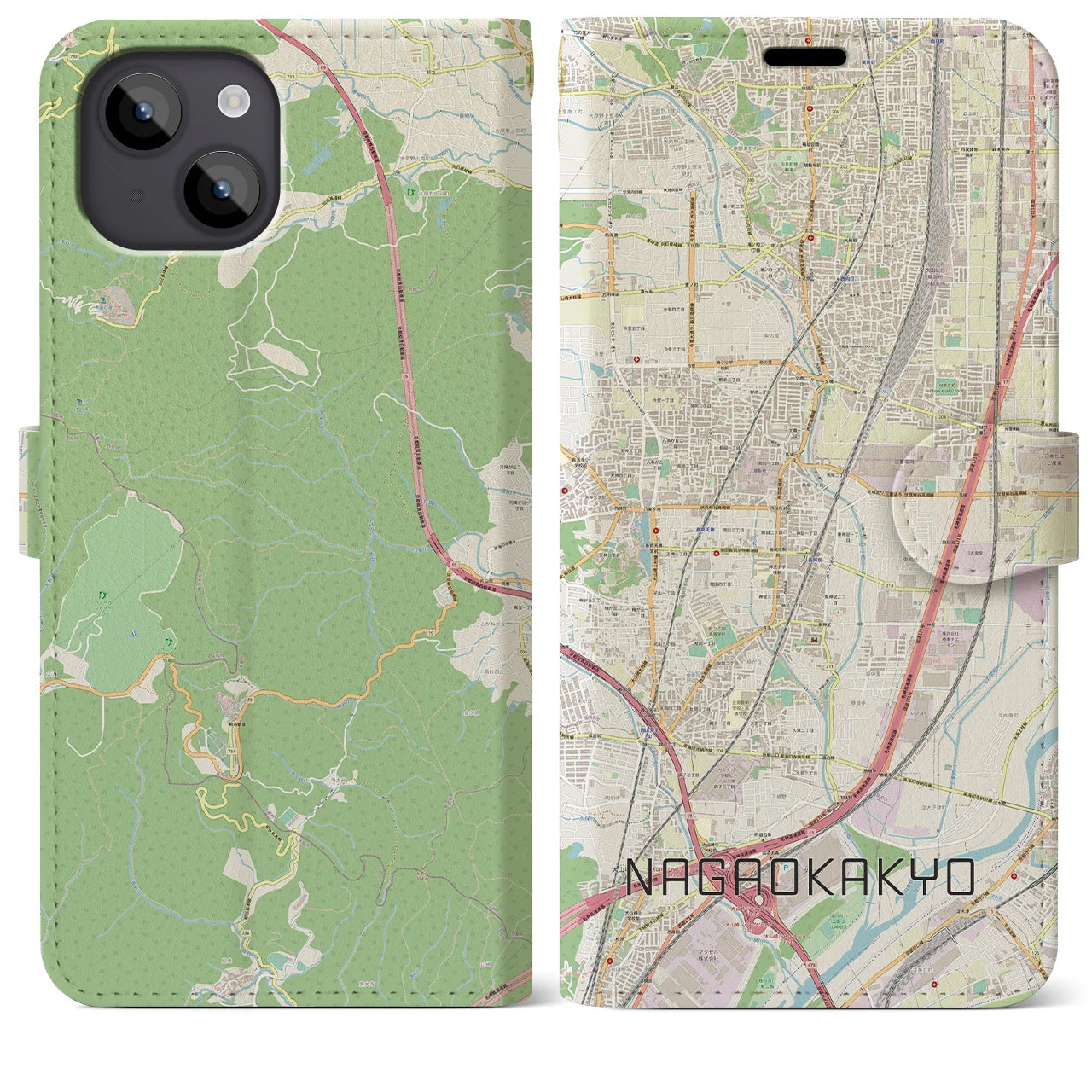 【長岡京(京都府)】地図柄iPhoneケース(手帳タイプ)ナチュラル・iPhone 14 Plus 用