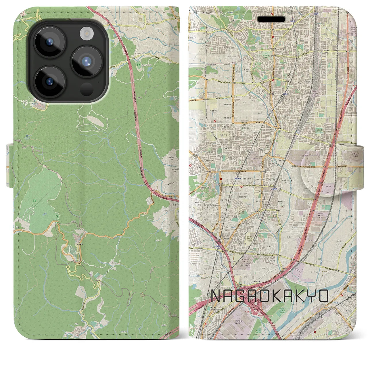 【長岡京(京都府)】地図柄iPhoneケース(手帳タイプ)ナチュラル・iPhone 15 Pro Max 用