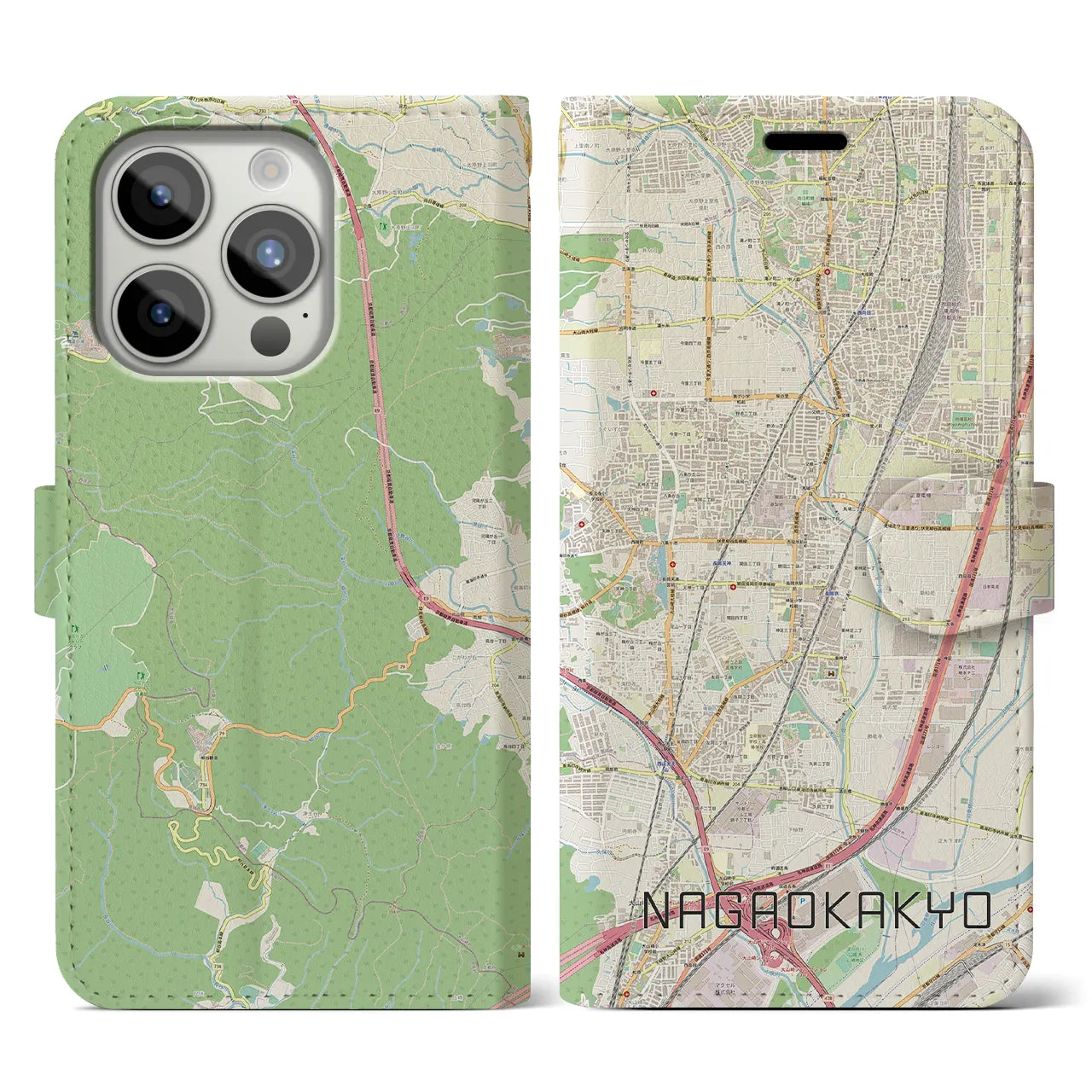 【長岡京(京都府)】地図柄iPhoneケース(手帳タイプ)ナチュラル・iPhone 15 Pro 用