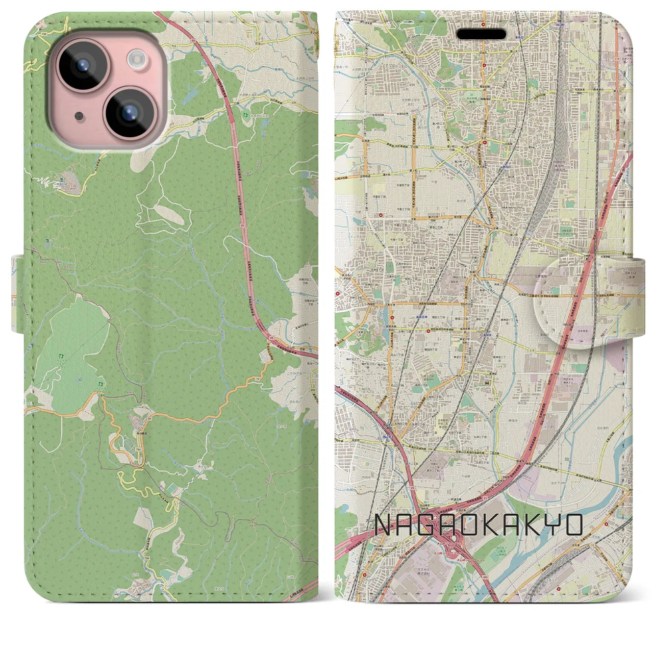 【長岡京(京都府)】地図柄iPhoneケース(手帳タイプ)ナチュラル・iPhone 15 Plus 用