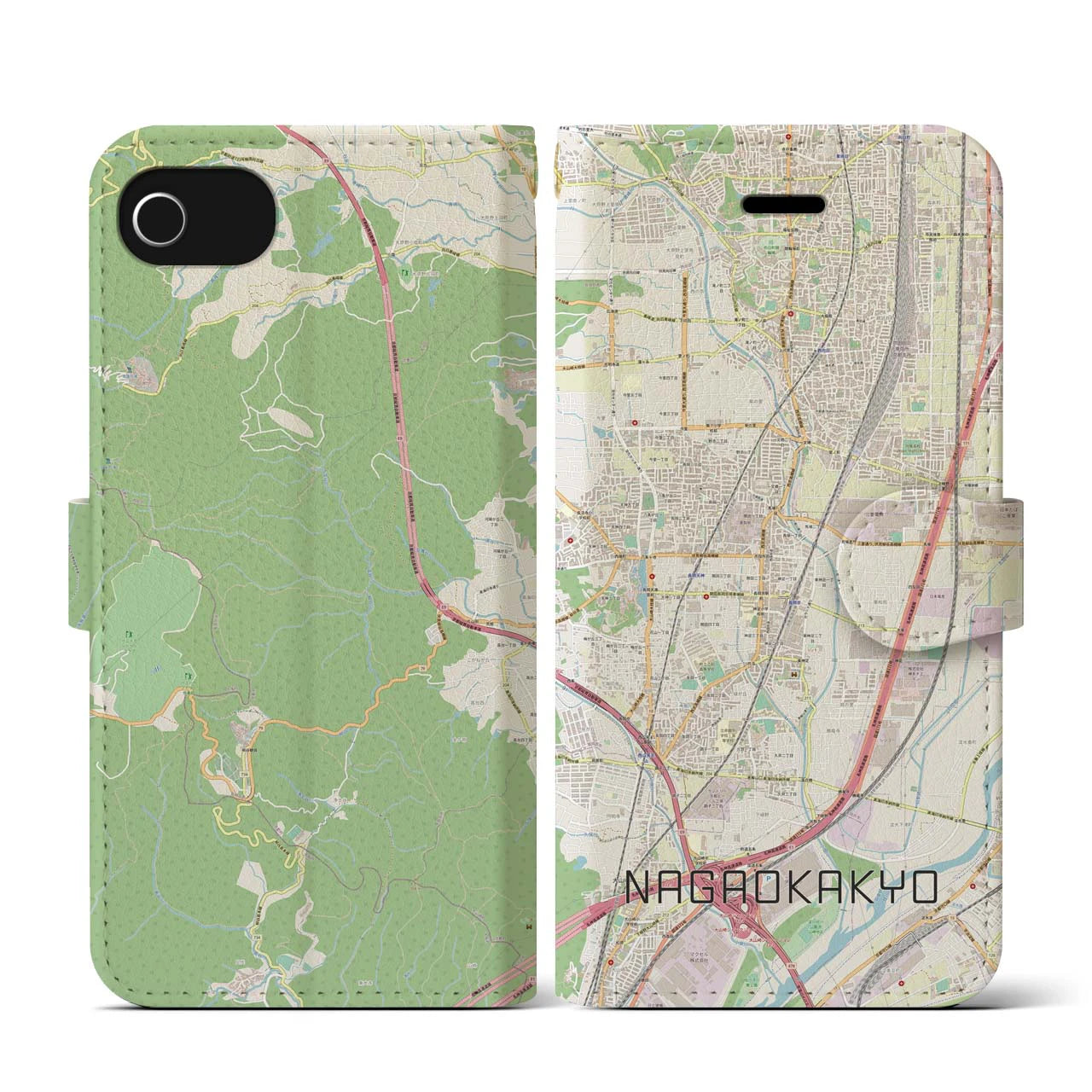 【長岡京(京都府)】地図柄iPhoneケース(手帳タイプ)ナチュラル・iPhone SE(第3 / 第2世代) / 8 / 7 / 6s / 6 用