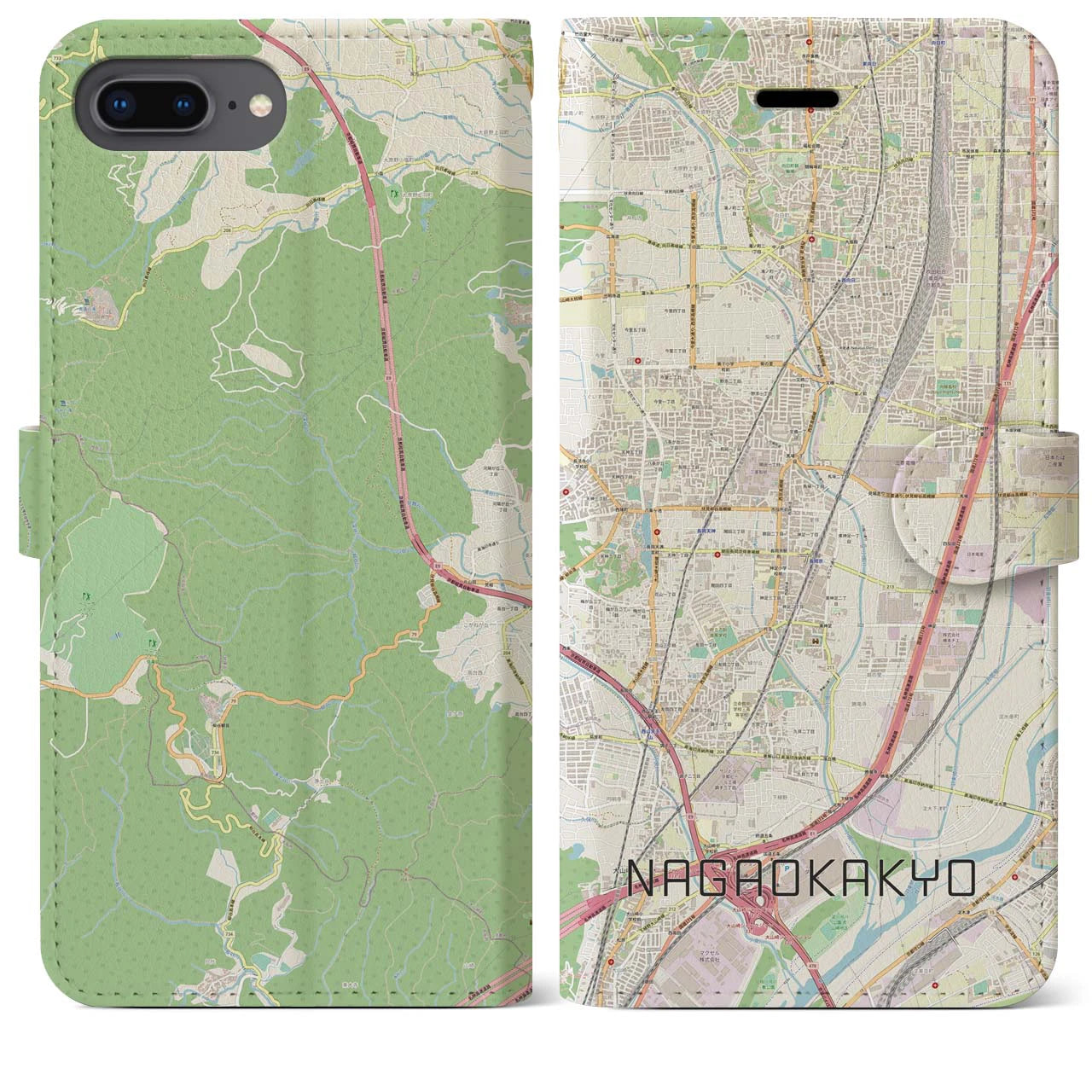 【長岡京(京都府)】地図柄iPhoneケース(手帳タイプ)ナチュラル・iPhone 8Plus /7Plus / 6sPlus / 6Plus 用