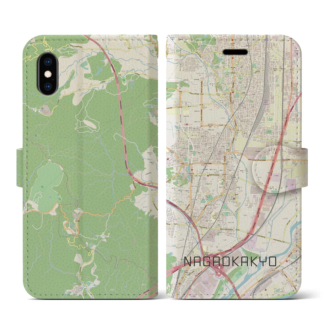 【長岡京(京都府)】地図柄iPhoneケース(手帳タイプ)ナチュラル・iPhone XS / X 用
