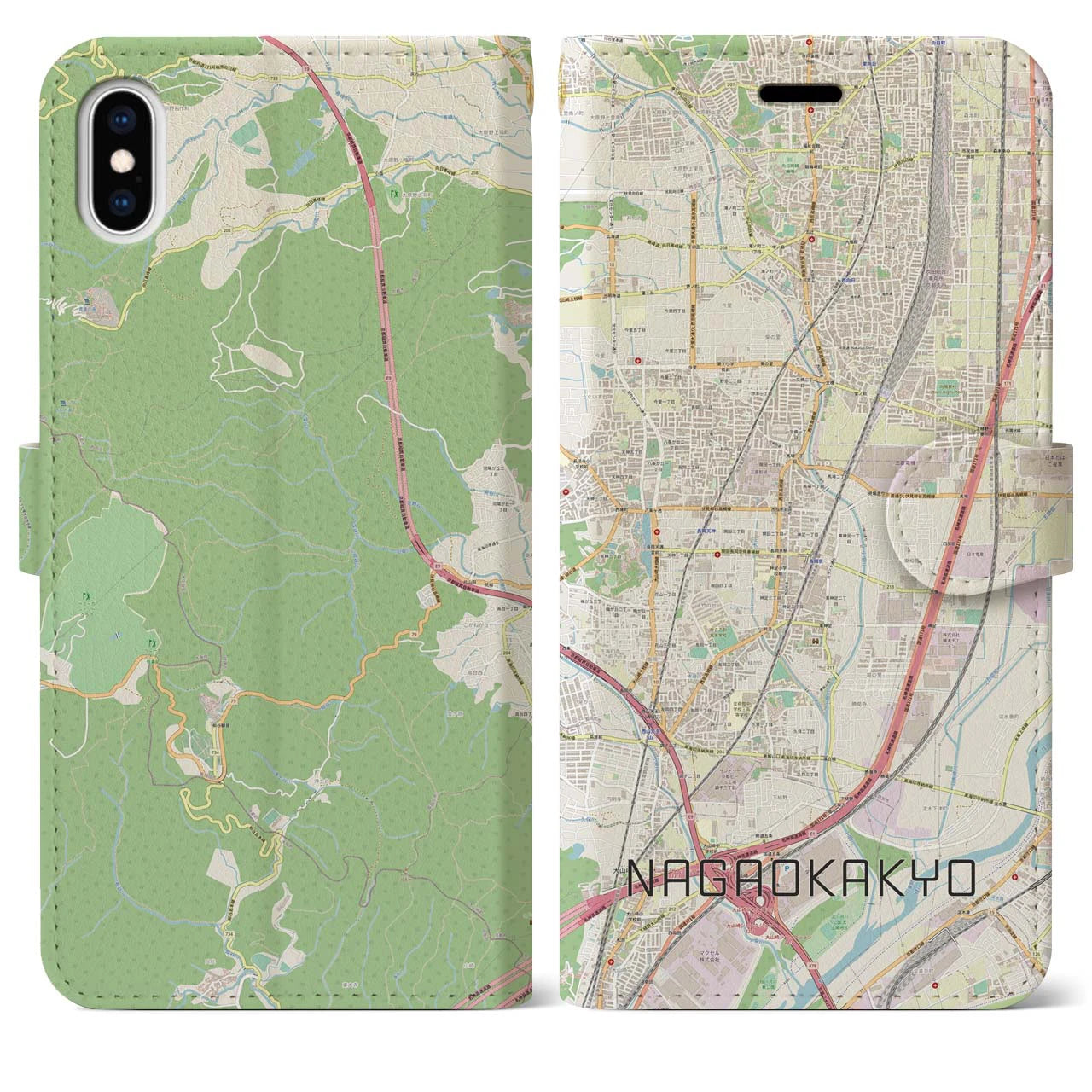 【長岡京(京都府)】地図柄iPhoneケース(手帳タイプ)ナチュラル・iPhone XS Max 用