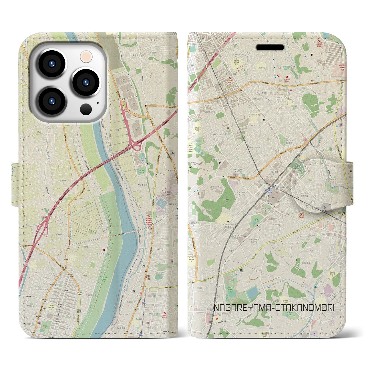 【流山おおたかの森(千葉県)】地図柄iPhoneケース(手帳タイプ)ナチュラル・iPhone 13 Pro 用