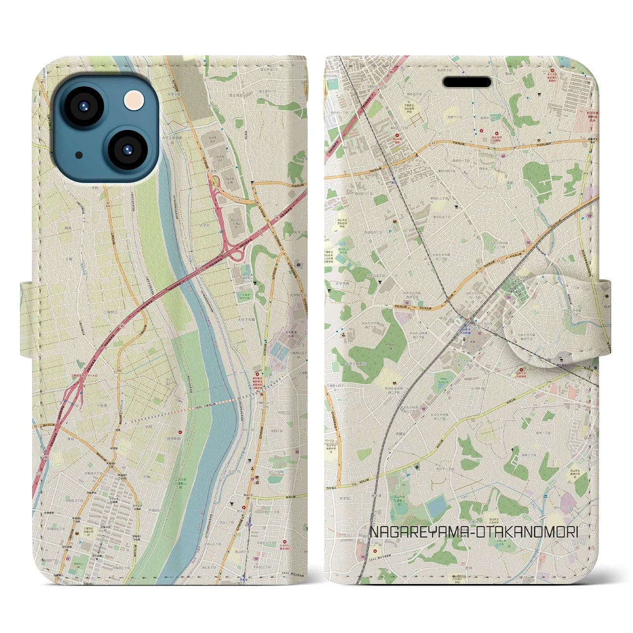 【流山おおたかの森(千葉県)】地図柄iPhoneケース(手帳タイプ)ナチュラル・iPhone 13 用
