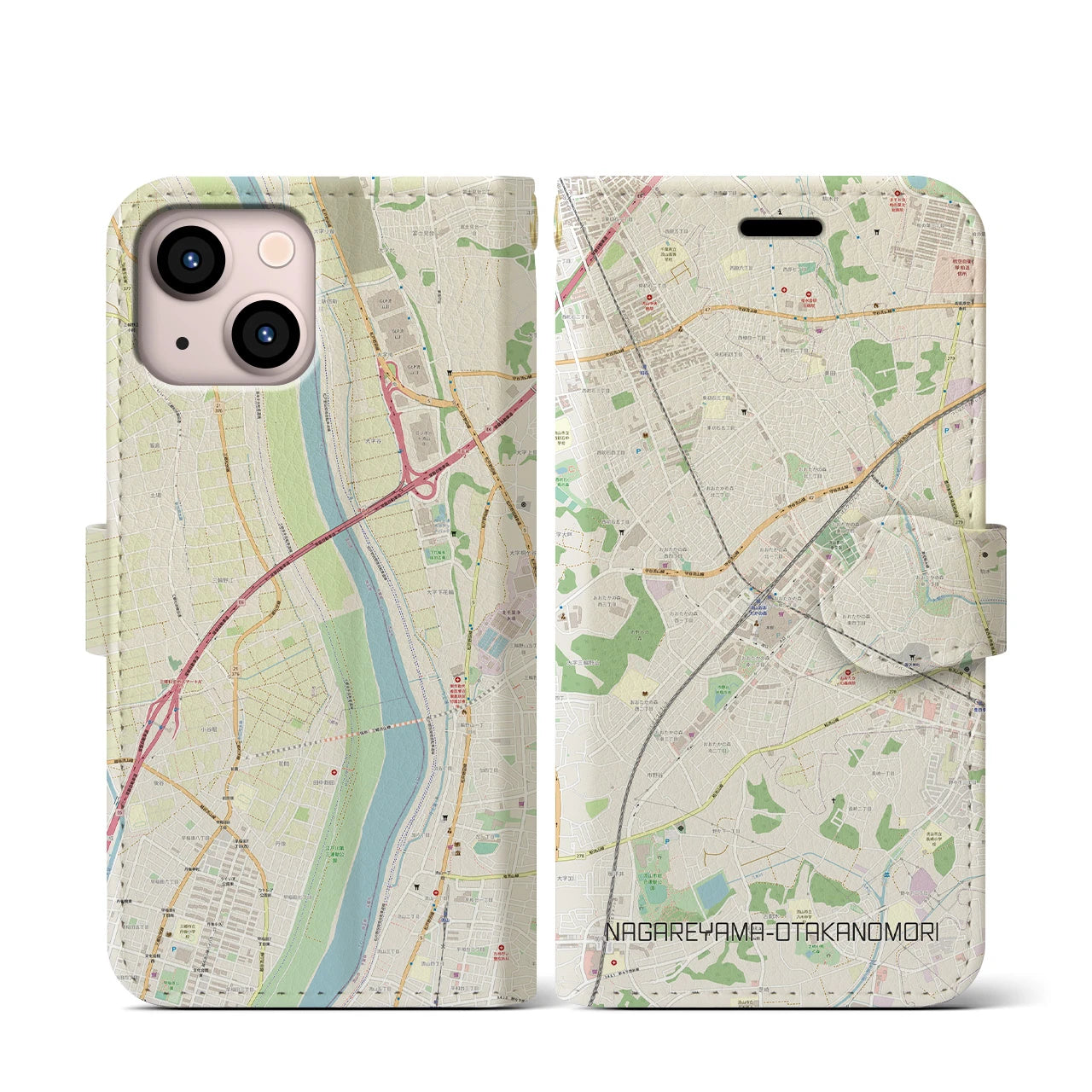 【流山おおたかの森(千葉県)】地図柄iPhoneケース(手帳タイプ)ナチュラル・iPhone 13 mini 用