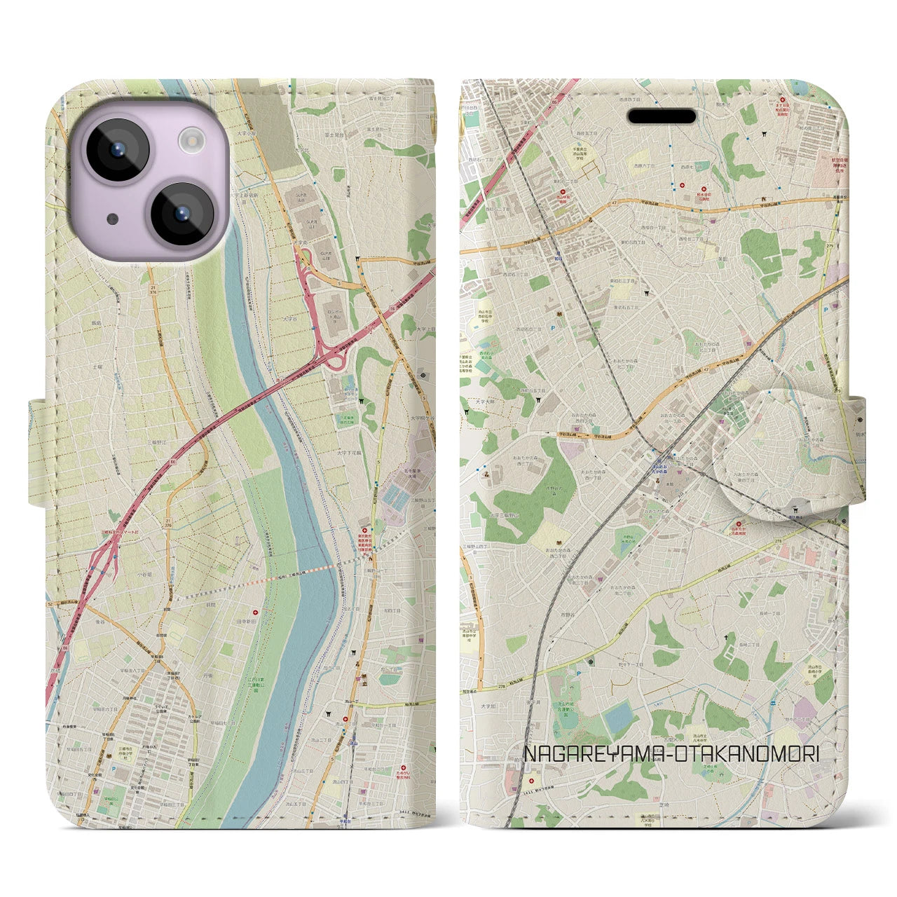 【流山おおたかの森(千葉県)】地図柄iPhoneケース(手帳タイプ)ナチュラル・iPhone 14 用