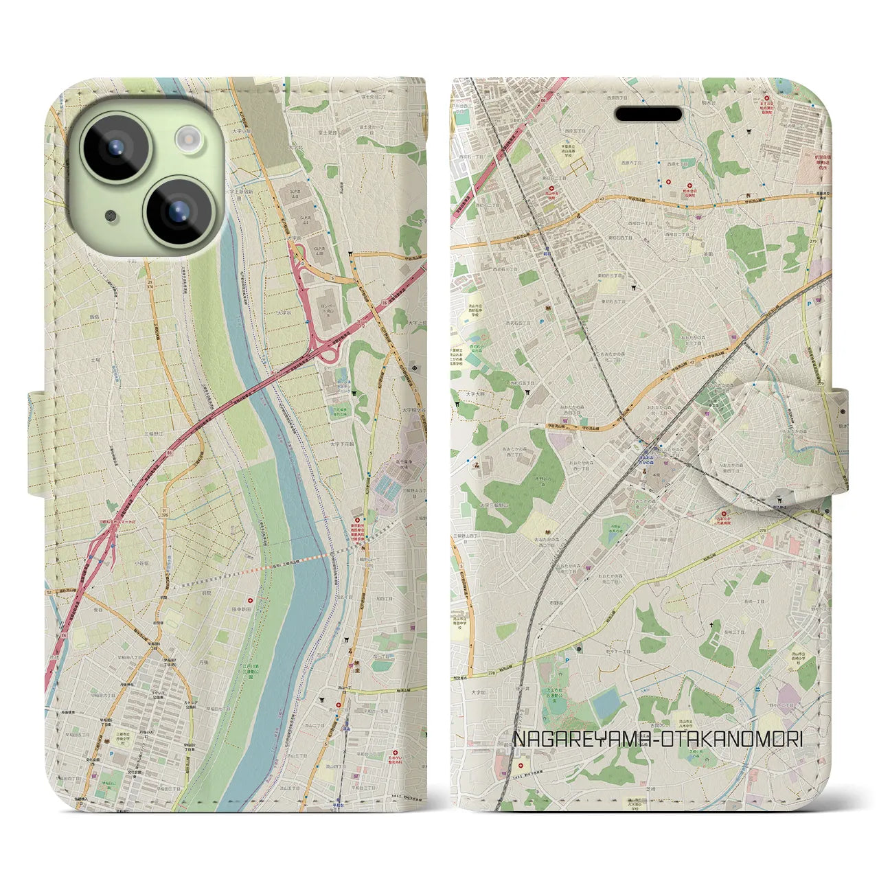 【流山おおたかの森(千葉県)】地図柄iPhoneケース(手帳タイプ)ナチュラル・iPhone 15 用