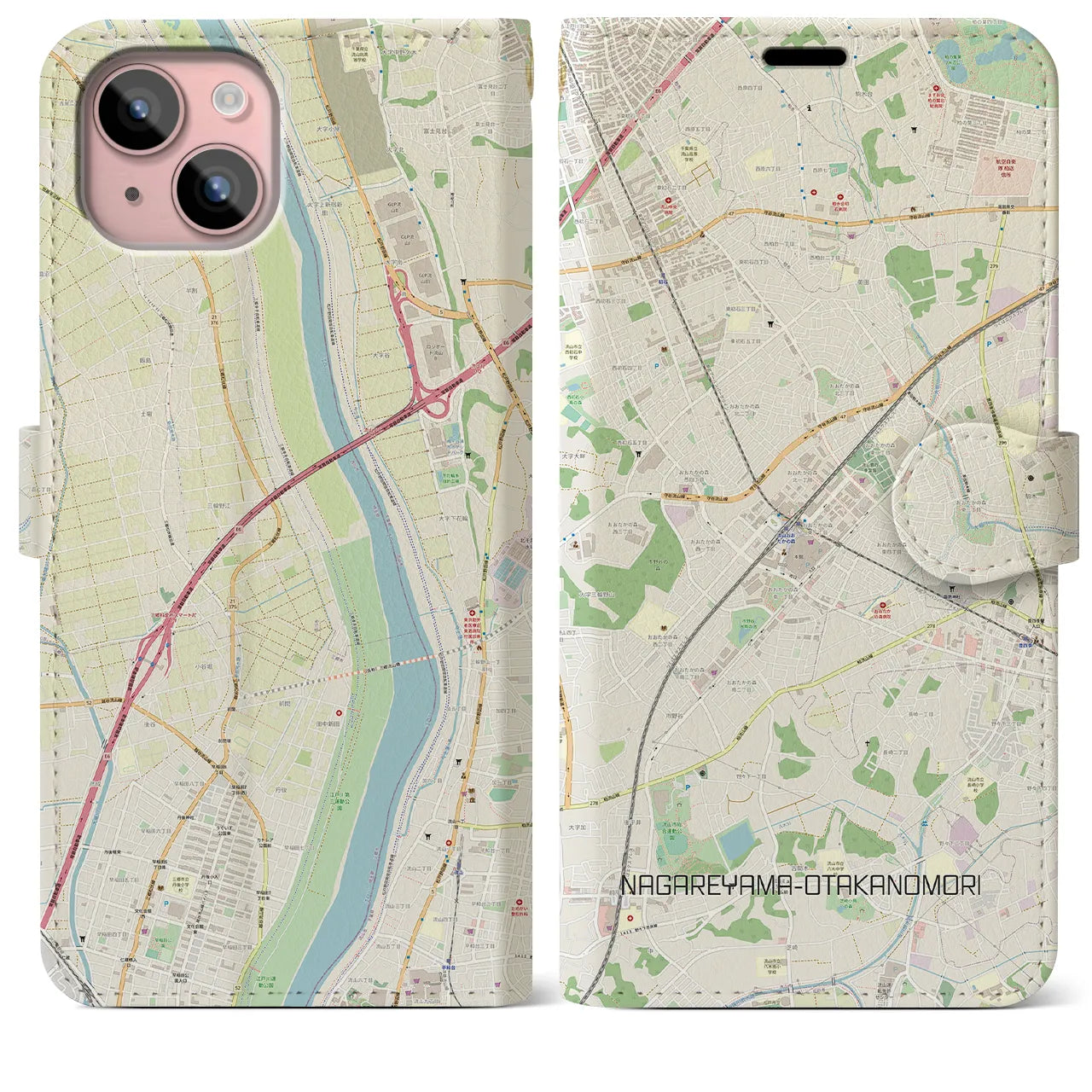 【流山おおたかの森(千葉県)】地図柄iPhoneケース(手帳タイプ)ナチュラル・iPhone 15 Plus 用