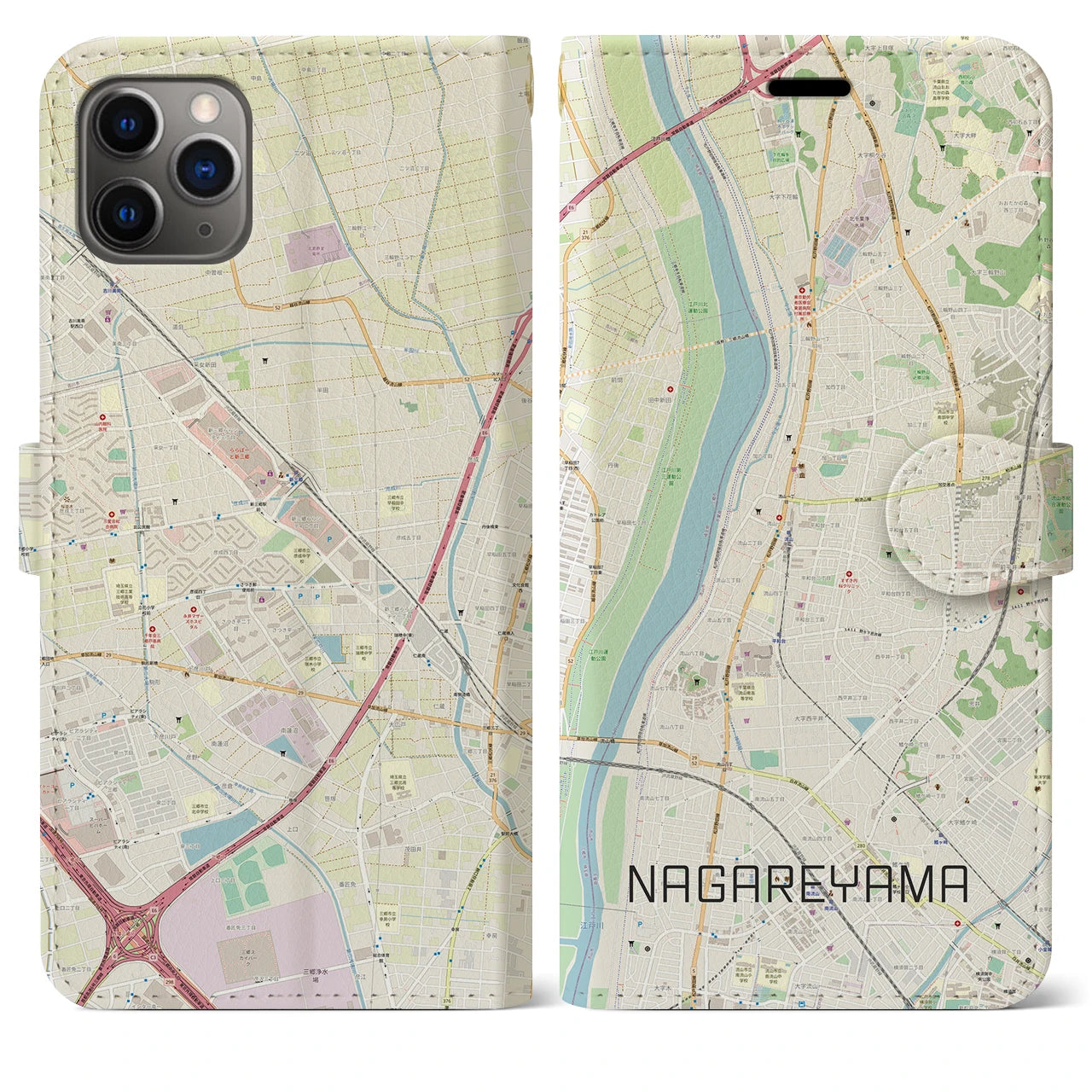 【流山(千葉県)】地図柄iPhoneケース(手帳タイプ)ナチュラル・iPhone 11 Pro Max 用