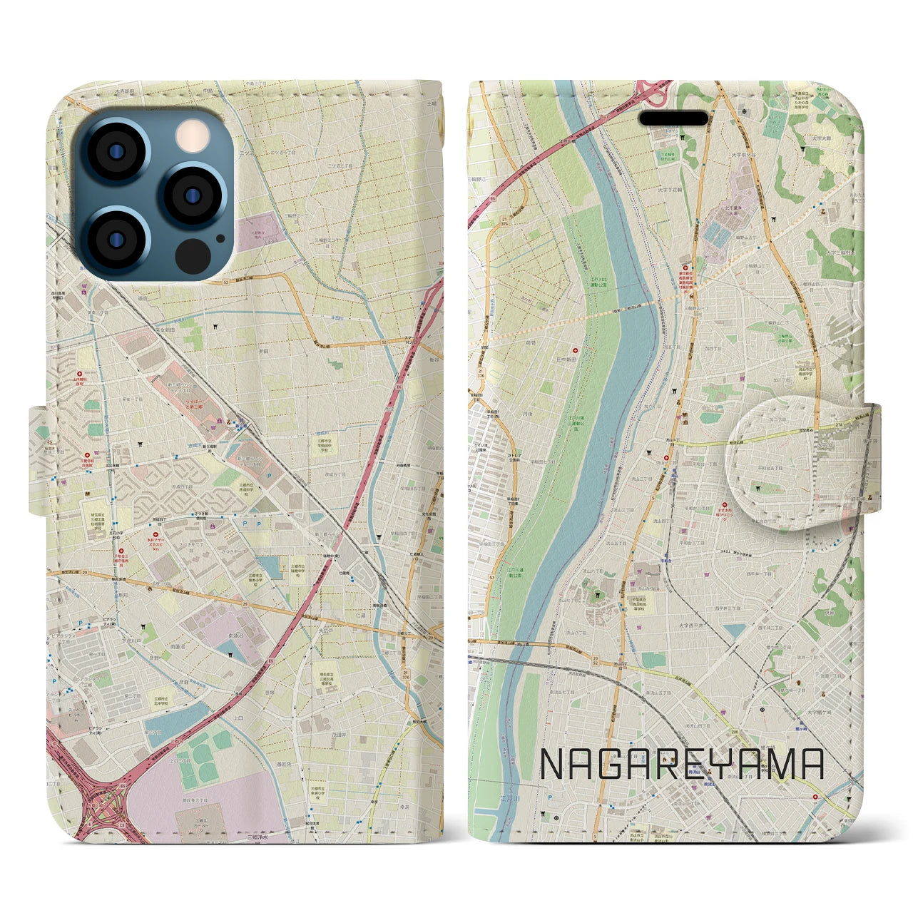 【流山(千葉県)】地図柄iPhoneケース(手帳タイプ)ナチュラル・iPhone 12 / 12 Pro 用