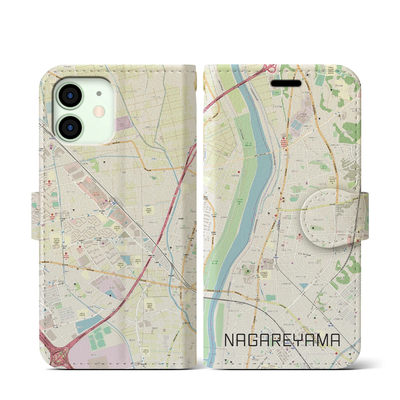 【流山(千葉県)】地図柄iPhoneケース(手帳タイプ)ナチュラル・iPhone 12 mini 用
