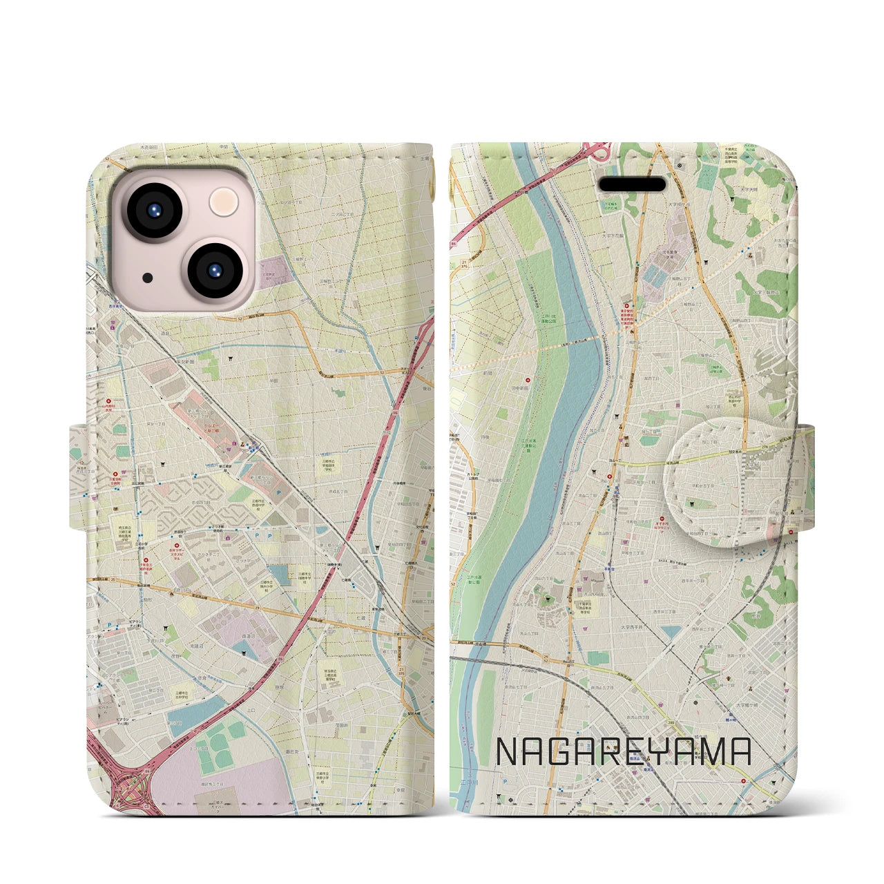 【流山(千葉県)】地図柄iPhoneケース(手帳タイプ)ナチュラル・iPhone 13 mini 用