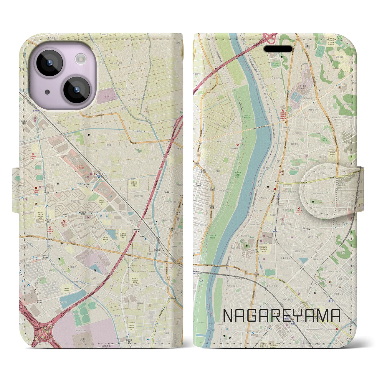 【流山(千葉県)】地図柄iPhoneケース(手帳タイプ)ナチュラル・iPhone 14 用