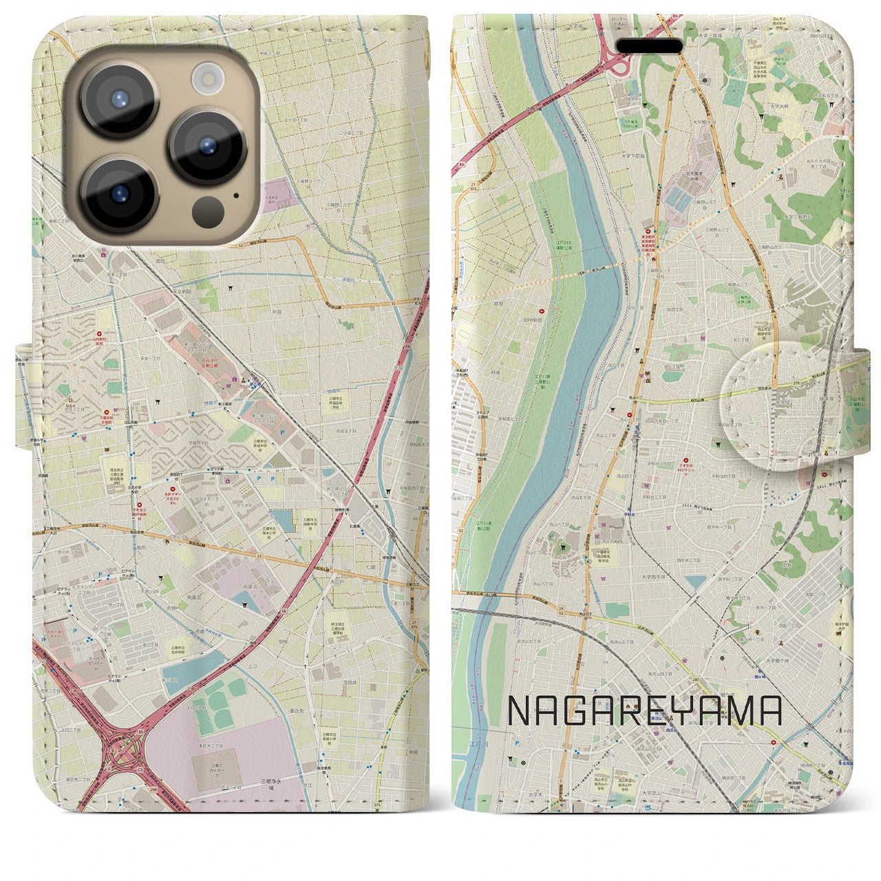 【流山(千葉県)】地図柄iPhoneケース(手帳タイプ)ナチュラル・iPhone 14 Pro Max 用